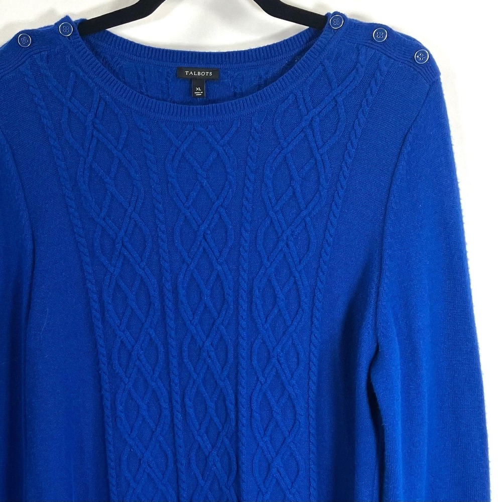 Talbots Sweater Royal Blue‎ Cable Knit Button Shoulder Lambswool XL